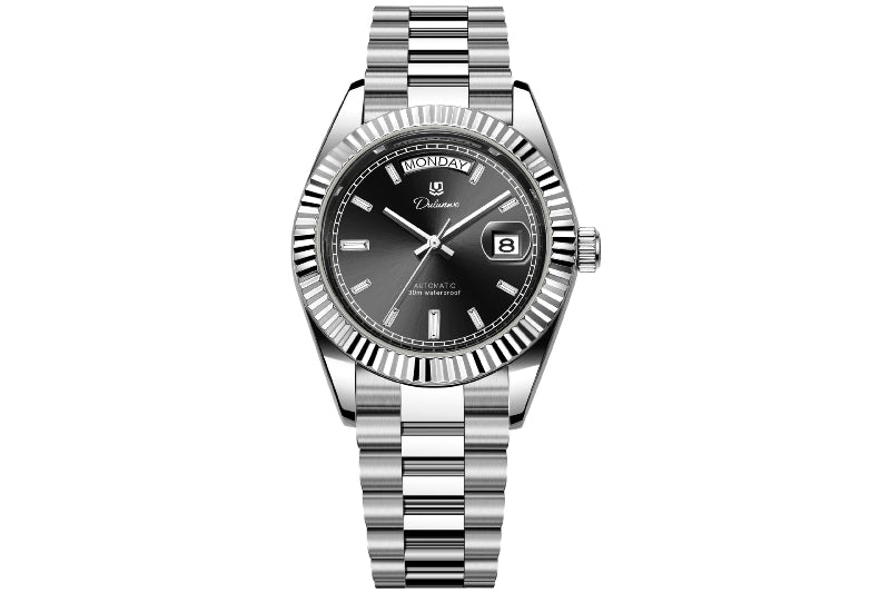 Stainless steel automatic men's watch with black dial and dual calendar windows