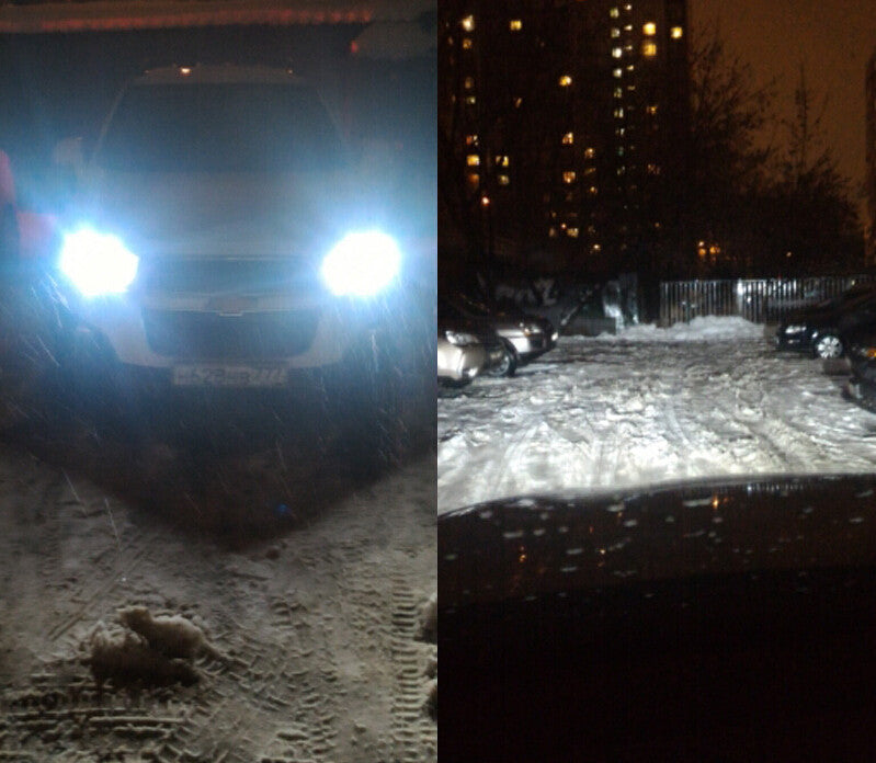 LED car headlight bulbs producing bright beams in snowy night conditions
