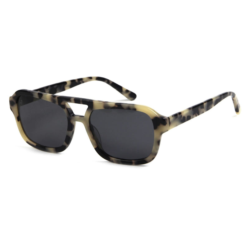 Tortoiseshell cat-eye sunglasses with dark gray tinted lenses and angular rims