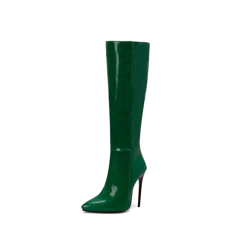 Green pointed-toe stiletto boots with side zipper, below-knee height