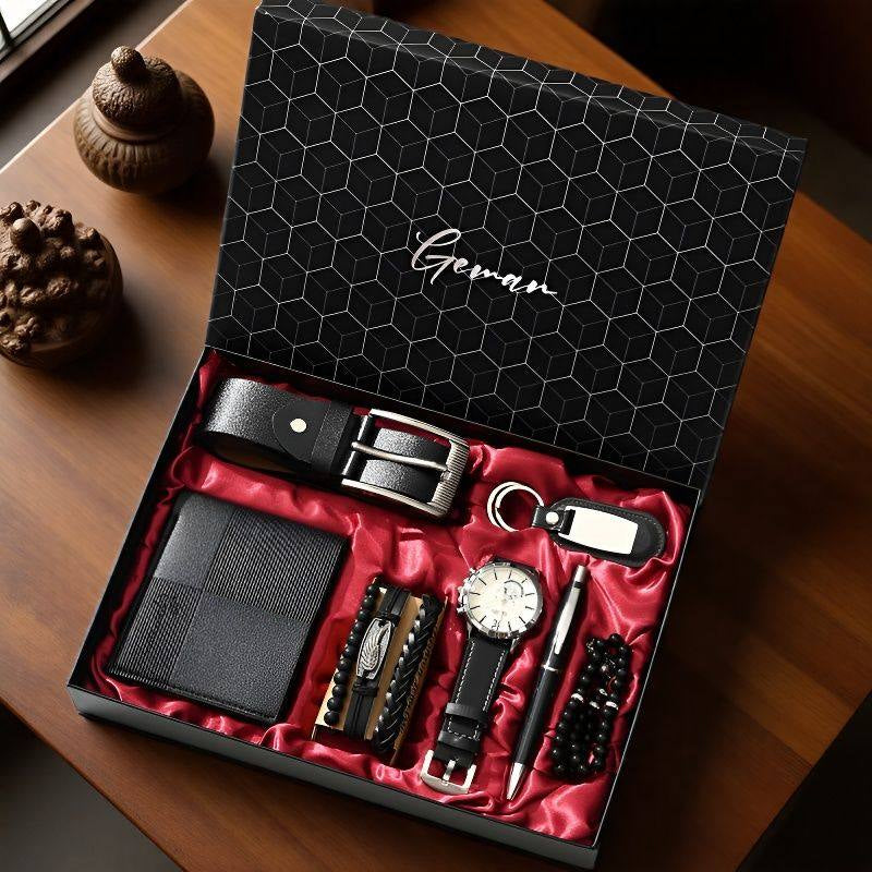 Men's gift set in black geometric box with red satin tray, belt, wallet, watch, pen, keychain