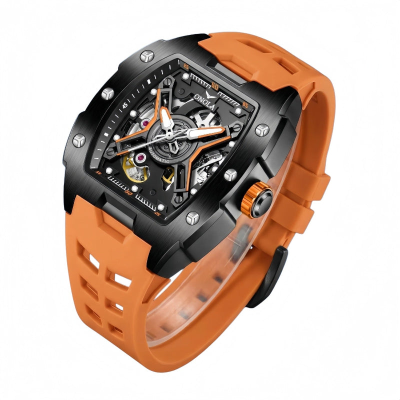 Men's sporty automatic mechanical watch with orange silicone strap, visible side details