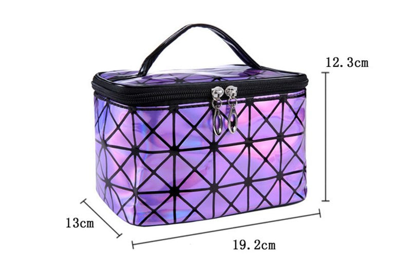 Purple holographic cosmetic bag with size dimensions and black zipper handle