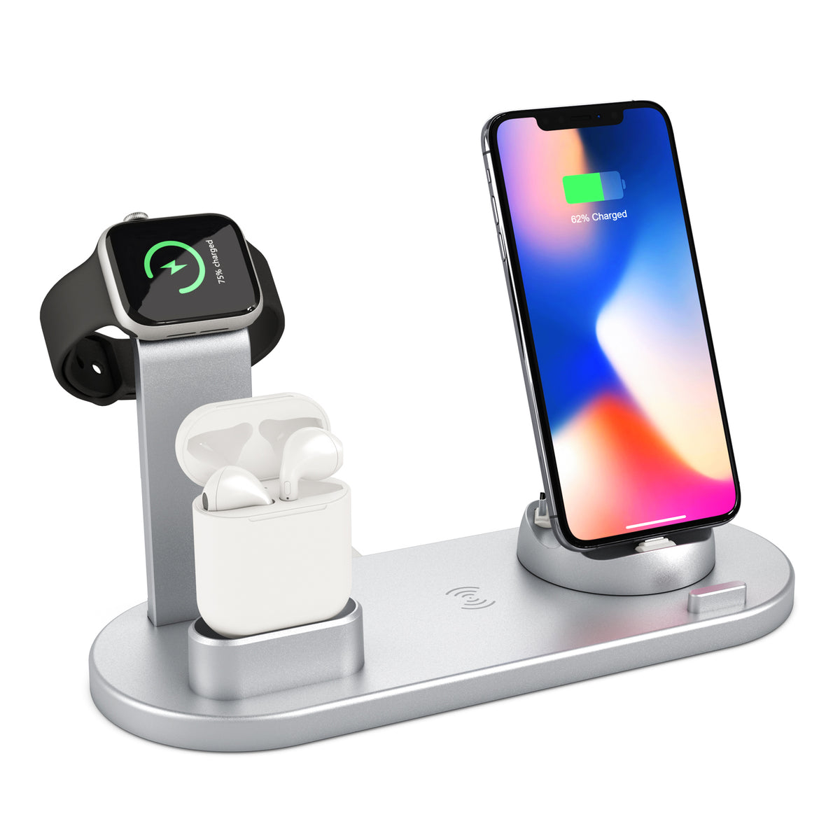 Silver 4-in-1 wireless charging station with smartwatch, phone, and earbuds holder