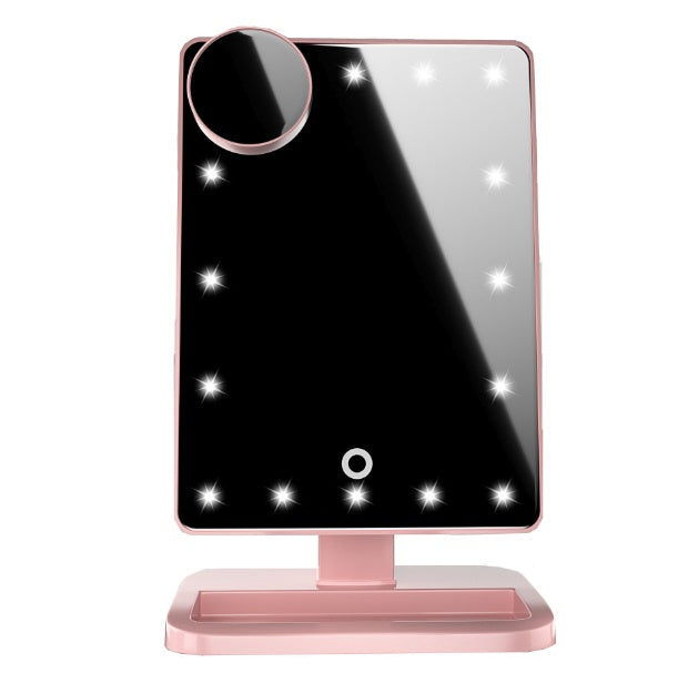 Rose gold touch screen LED makeup mirror with Bluetooth speaker, magnifying lens