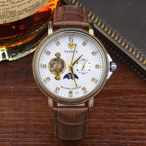 Men's tourbillon mechanical watch with white dial and brown leather strap