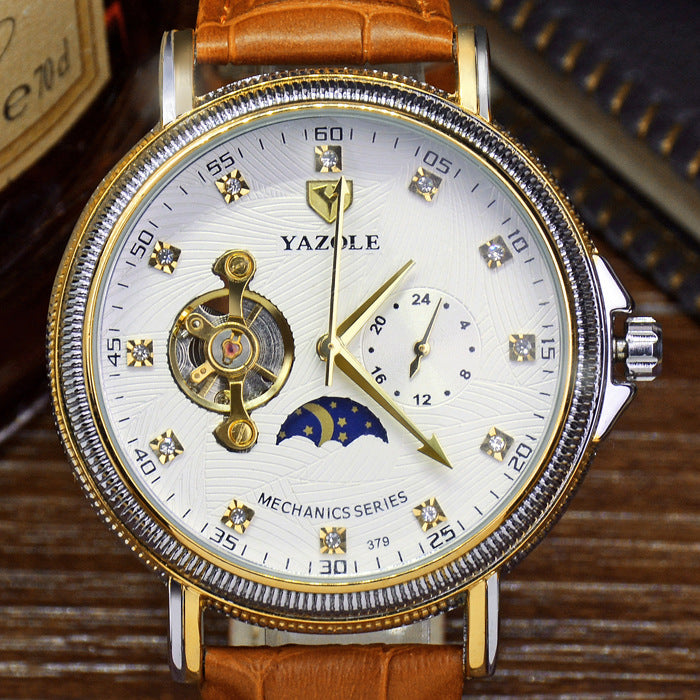 Men's tourbillon mechanical watch with white dial and brown leather strap