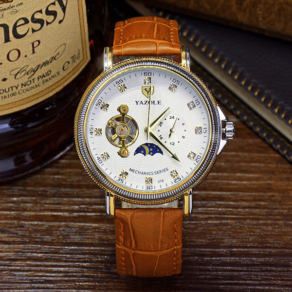 Men's tourbillon mechanical watch with white dial and brown leather strap