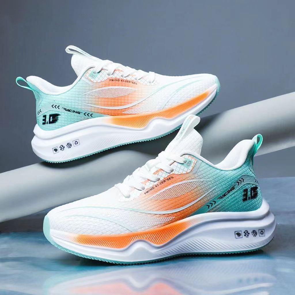 Men's mesh sneakers in white with orange and teal accents, lace-up, side view