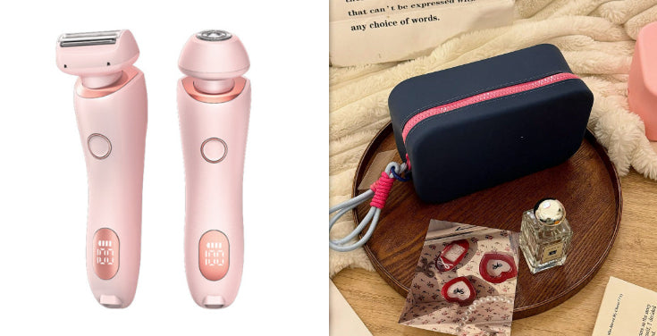 Women’s epilator set in light pink with dual trimmer heads and blue zipper case