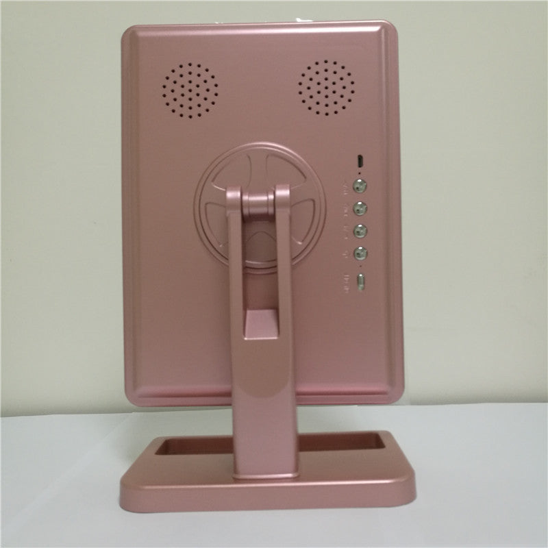 Rose gold rear panel makeup mirror stand with speaker grille and control buttons