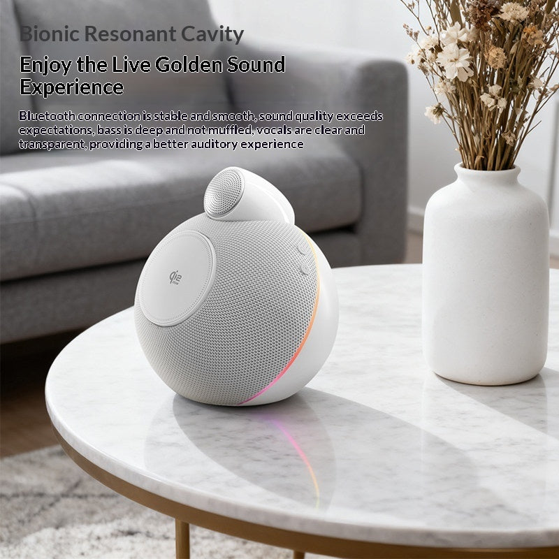 Wireless fast-charging Bluetooth home speaker, white with side control and fabric grille