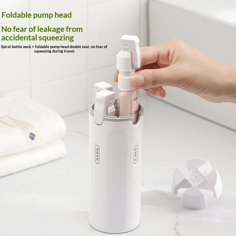 White travel dispenser bottle with foldable pump head for controlled dispensing