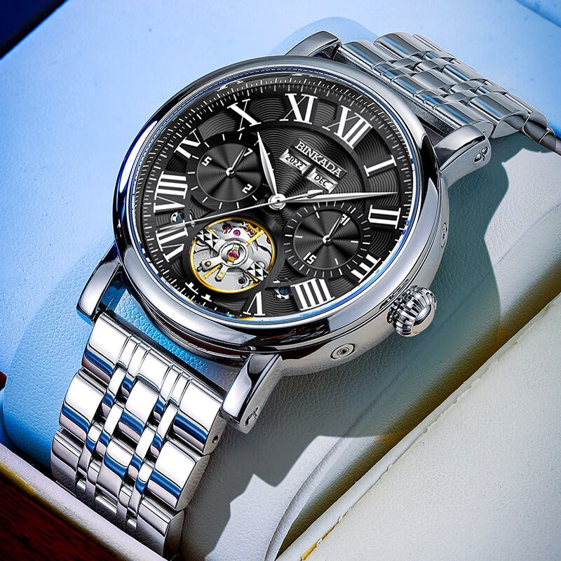 Men's automatic mechanical watch with silver steel bracelet and black dial with subdials