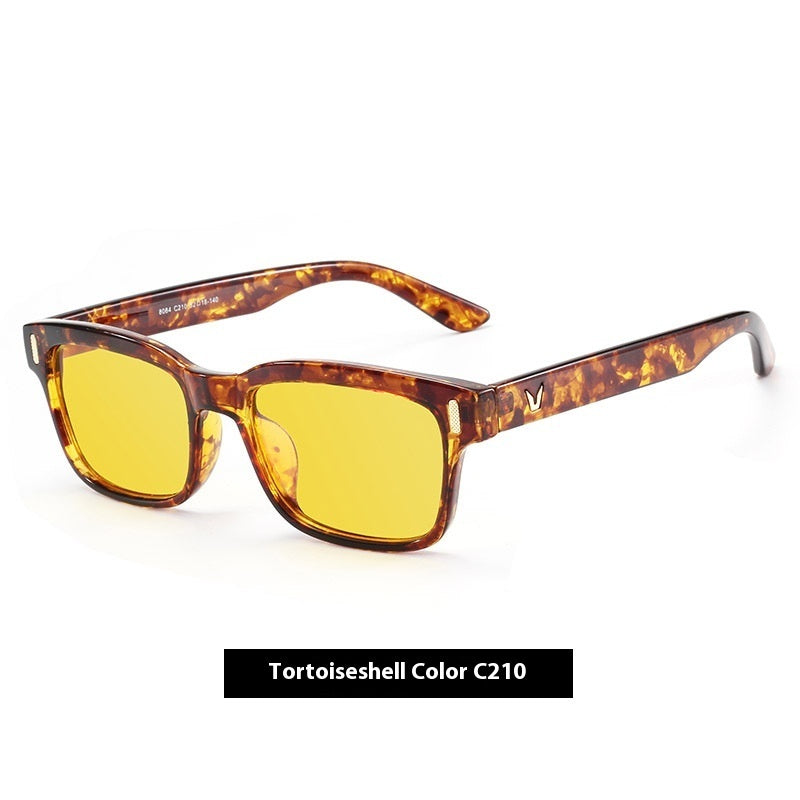 Rectangular tortoiseshell sunglasses with yellow-tinted lenses