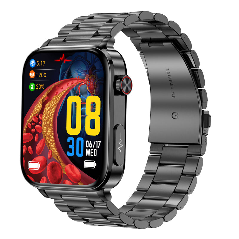 TK15 smartwatch with black link band and a red anatomical-style digital watch face