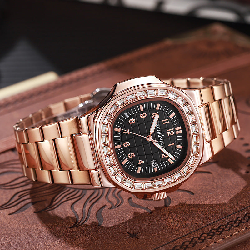 Men's rose-gold tone quartz wrist watch with black dial and rose-gold link bracelet
