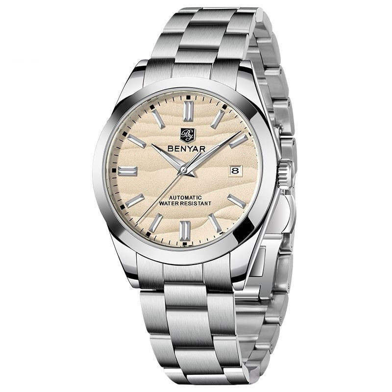 Men's automatic watch with beige dial and silver metal bracelet