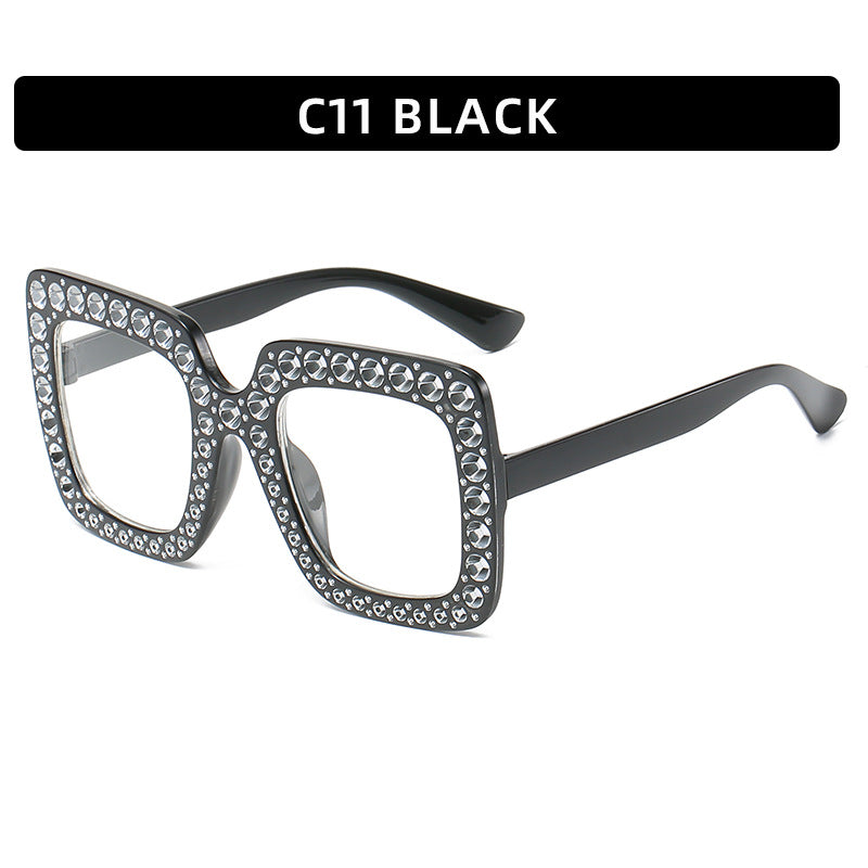 Women's square rhinestone sunglasses, black frame with clear lenses