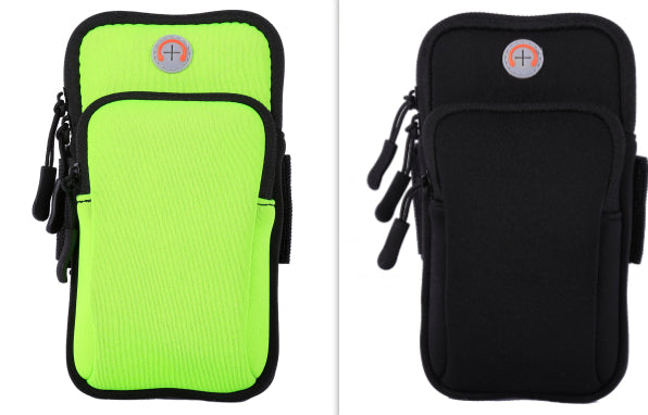 Neon green and black running phone pouches with black trim, zipper closures, and side attachment