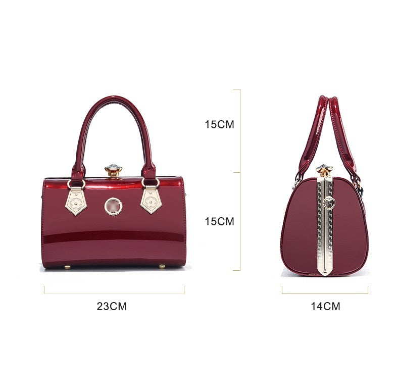 Burgundy glossy PU handbag size diagram with top handles and side zipper pocket