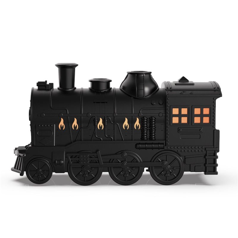 Black train-shaped ultrasonic humidifier diffuser with glowing orange window panels