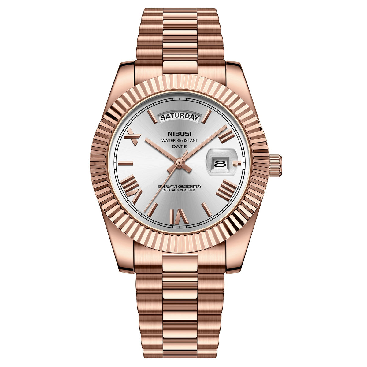 Men's quartz watch with rose gold steel bracelet, white dial, gold-tone hands and date window