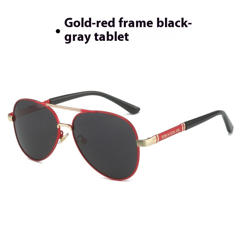 Men’s polarized photochromic sunglasses with gold-red frame and dark lenses