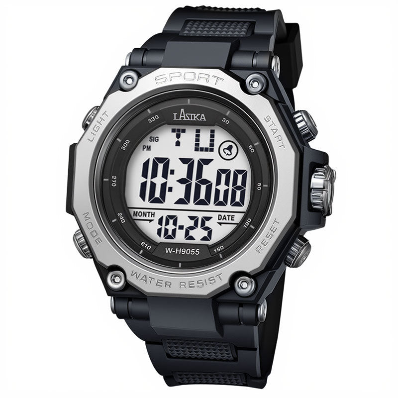 Black sports watch with large round digital display, silver bezel accents, silicone strap