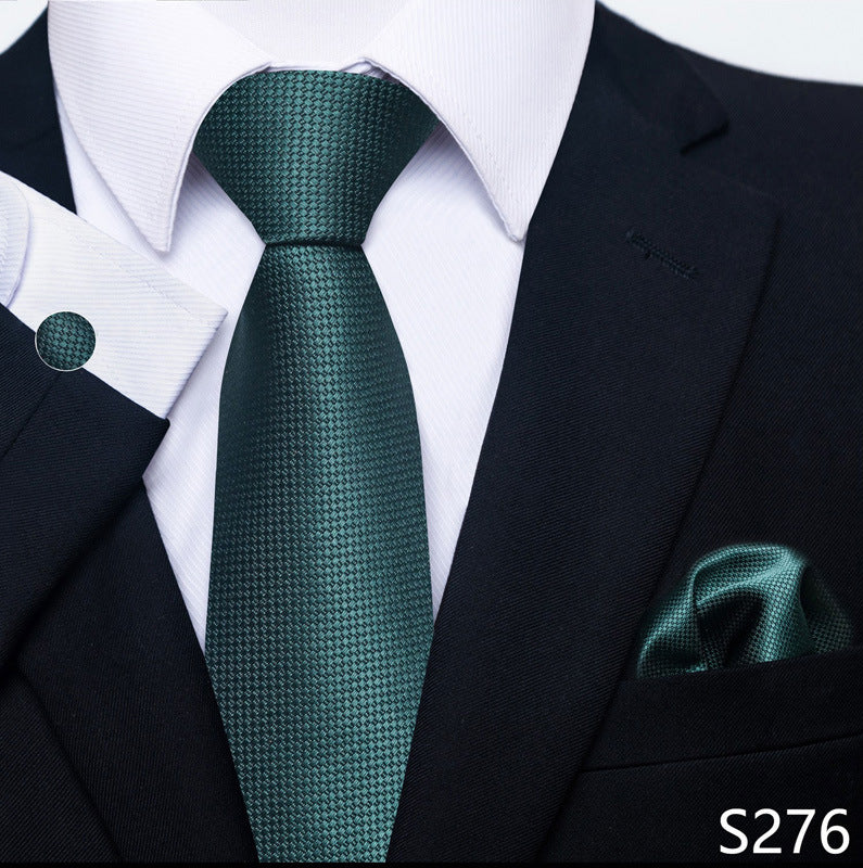 Men's formal tie, pocket square, and cufflink set with deep teal woven check tie