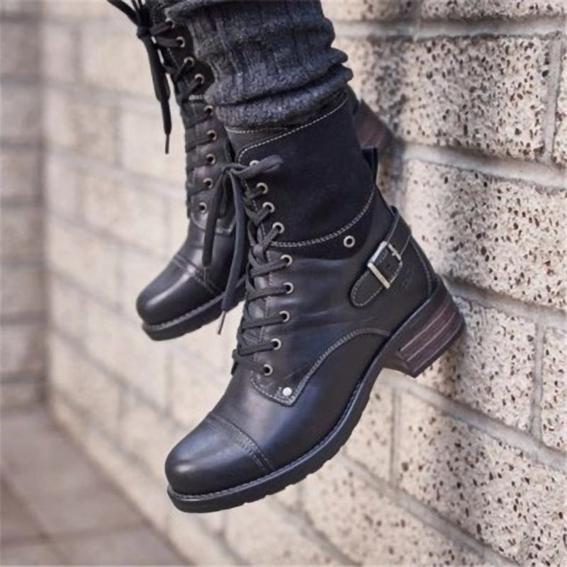 Women’s low-heeled ankle boots, round toe, black lace-up with side buckles