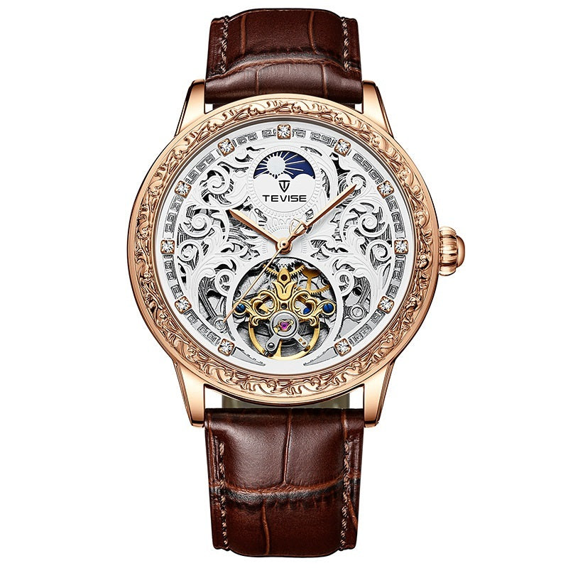 Rose-gold mechanical skeleton watch with brown leather strap, front view
