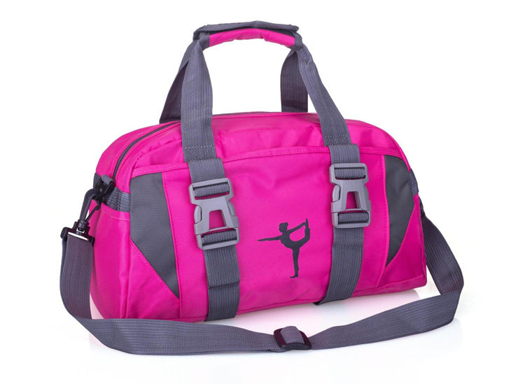 Yoga gym bag in hot pink with gray strap handles and adjustable shoulder strap
