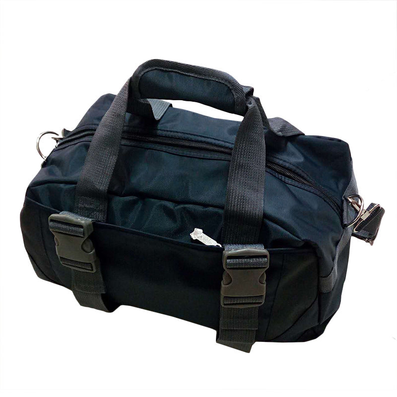 Yoga gym bag in dark navy with gray webbing handles and front zipper pocket