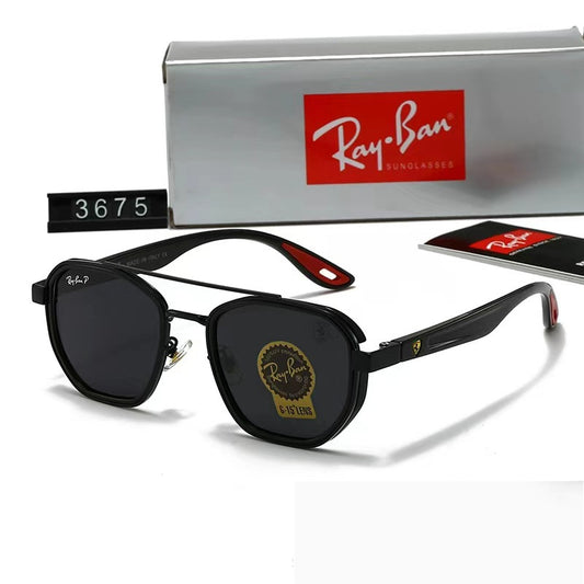 Black sunglasses with gold emblem and 'Ray-Ban' packaging on a white background