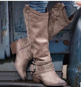 Women's knee-high suede boots, taupe with decorative perforations and buckle strap