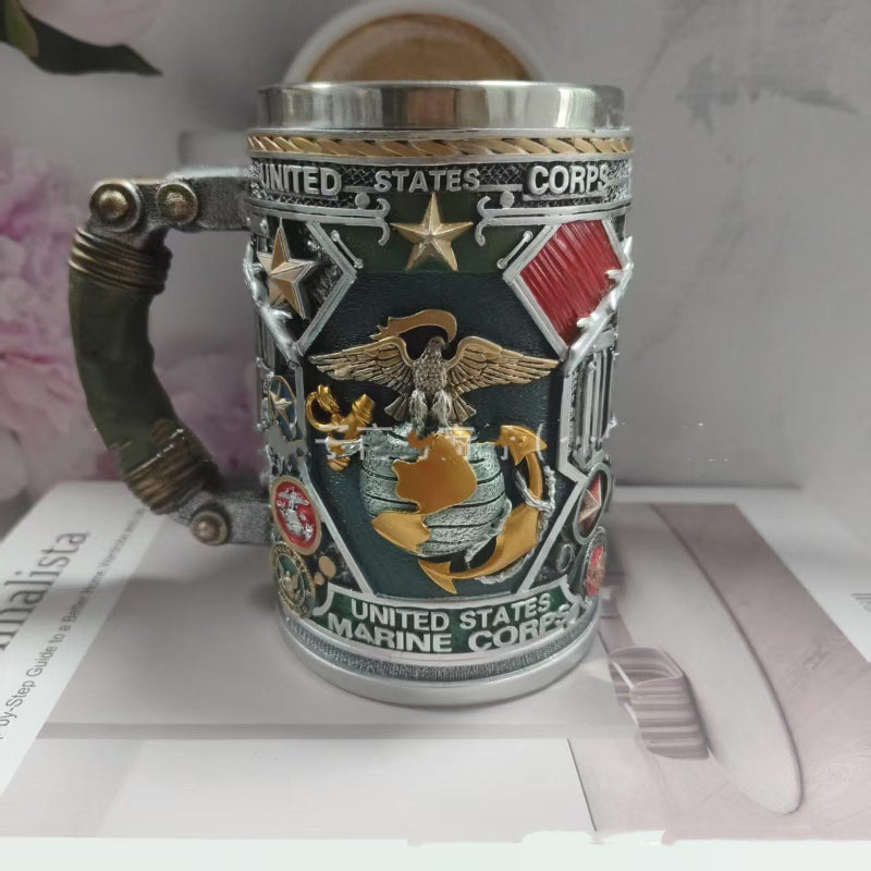 United States Marine Corps-themed stainless mug with eagle-and-flag crest