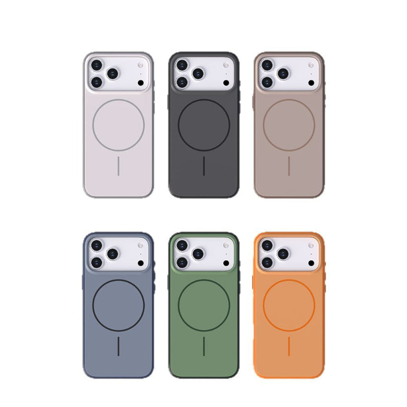Set of magnetic silicone iPhone cases in six colors, each with ring graphic and camera cutouts