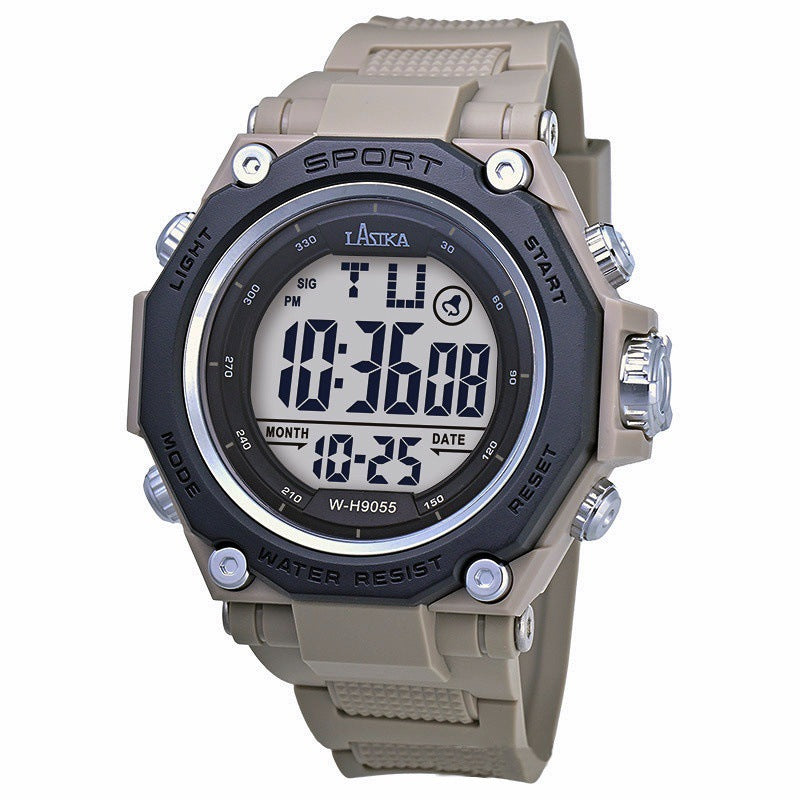 Gray sports watch with large round digital display, black bezel, silicone strap