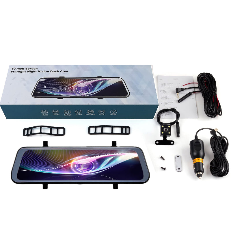 Black rearview mirror dash cam kit with screen unit, lenses, cables, and accessories