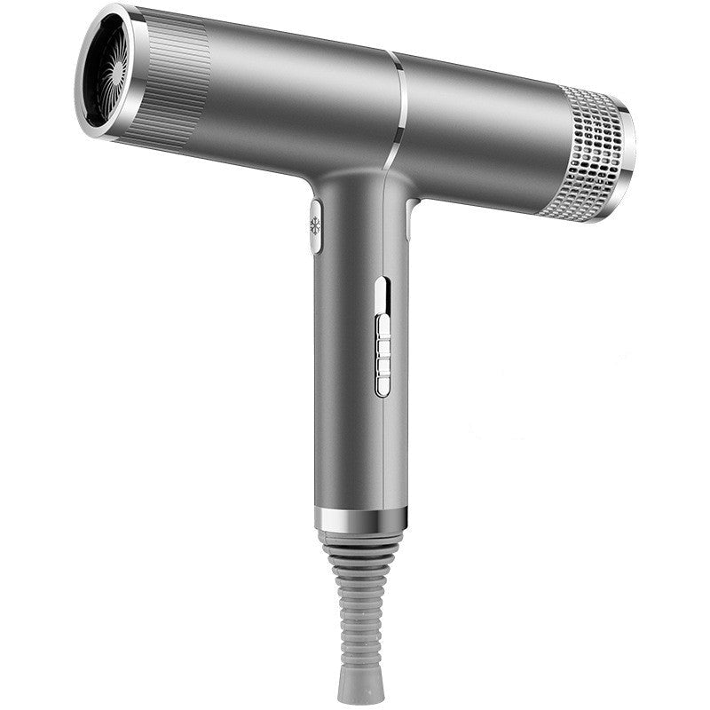 Grey hair dryer with concentrator nozzle and ridged handle, corded for home use
