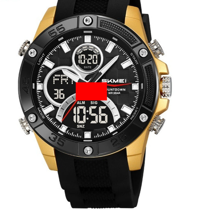 Men’s waterproof digital watch with black dial, gold bezel, and black rubber strap