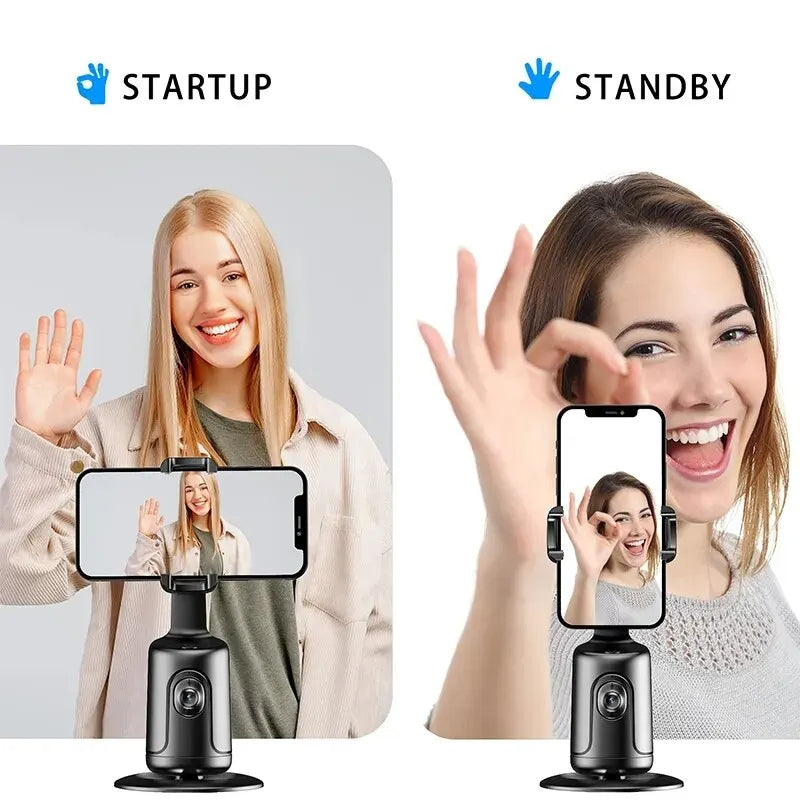 Black AI phone holder with smartphone mount, startup and standby poses