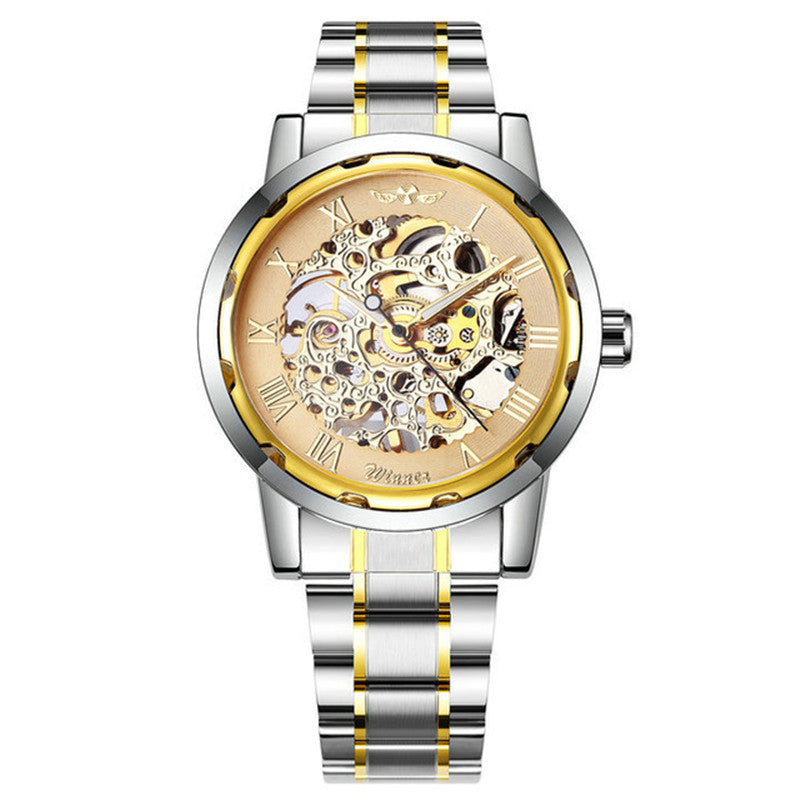 Mechanical watch with gold openwork dial, Roman numerals, and gold-trimmed stainless bracelet