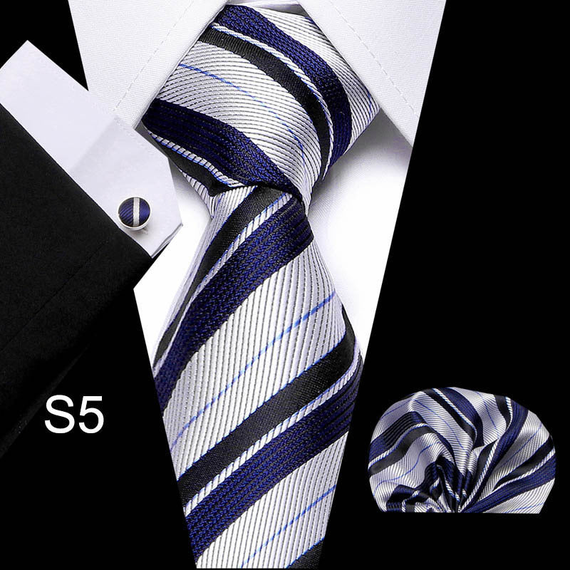 Men's business necktie, white with navy and light-blue diagonal stripe bands