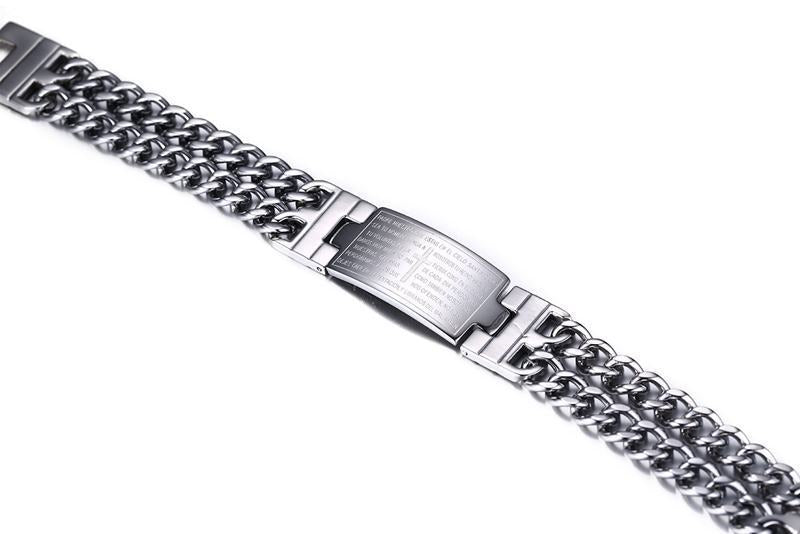 Steel chain bracelet with central engraved scripture plate and box clasp hardware