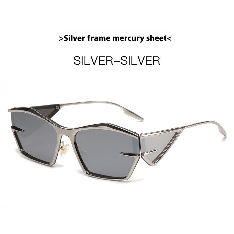 Silver frame fashion sunglasses with dark gray angular lenses and slim metal arms
