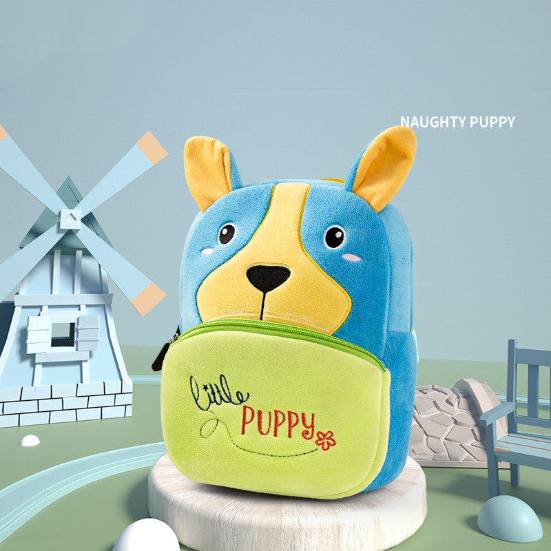 Plush small school bag with blue-and-lime puppy face, zip front pouch