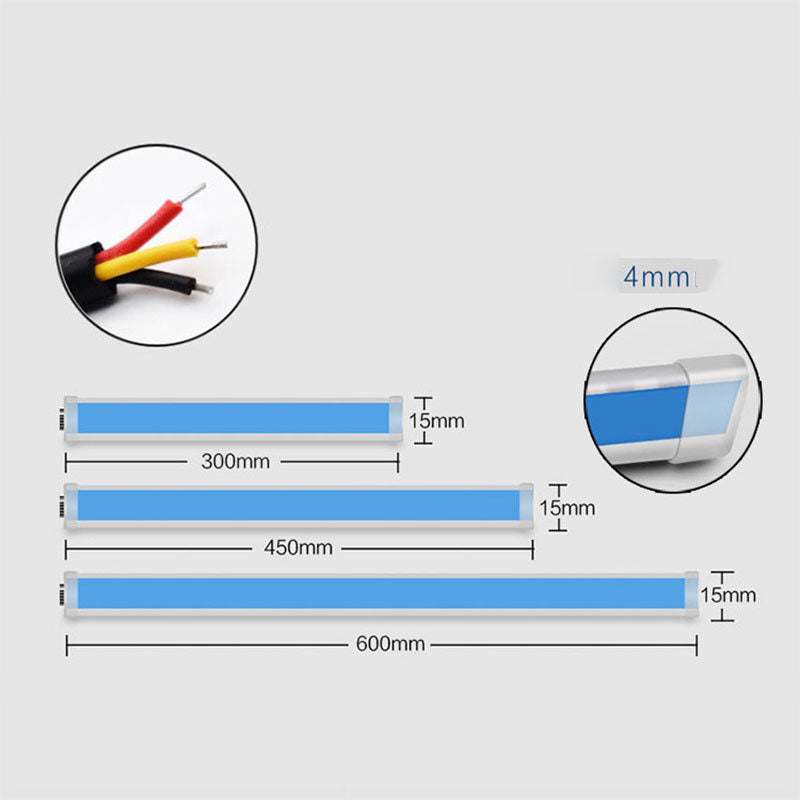 Blue LED daytime running light strip with length measurements and wire leads