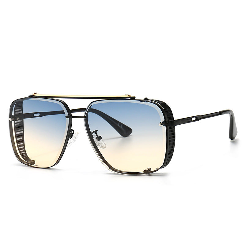 Oversized square sunglasses with light gradient lenses and dark metal frame